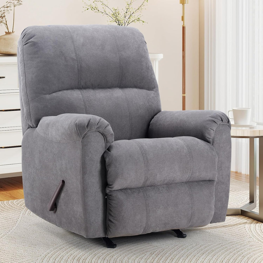 CANMOV Rocker Recliner Chair, Soft Fabric Manual Recliner Chair with Overstuffed Back and Arms, Single Sofa Nursery Rocking Chairs for Living Room, Grey