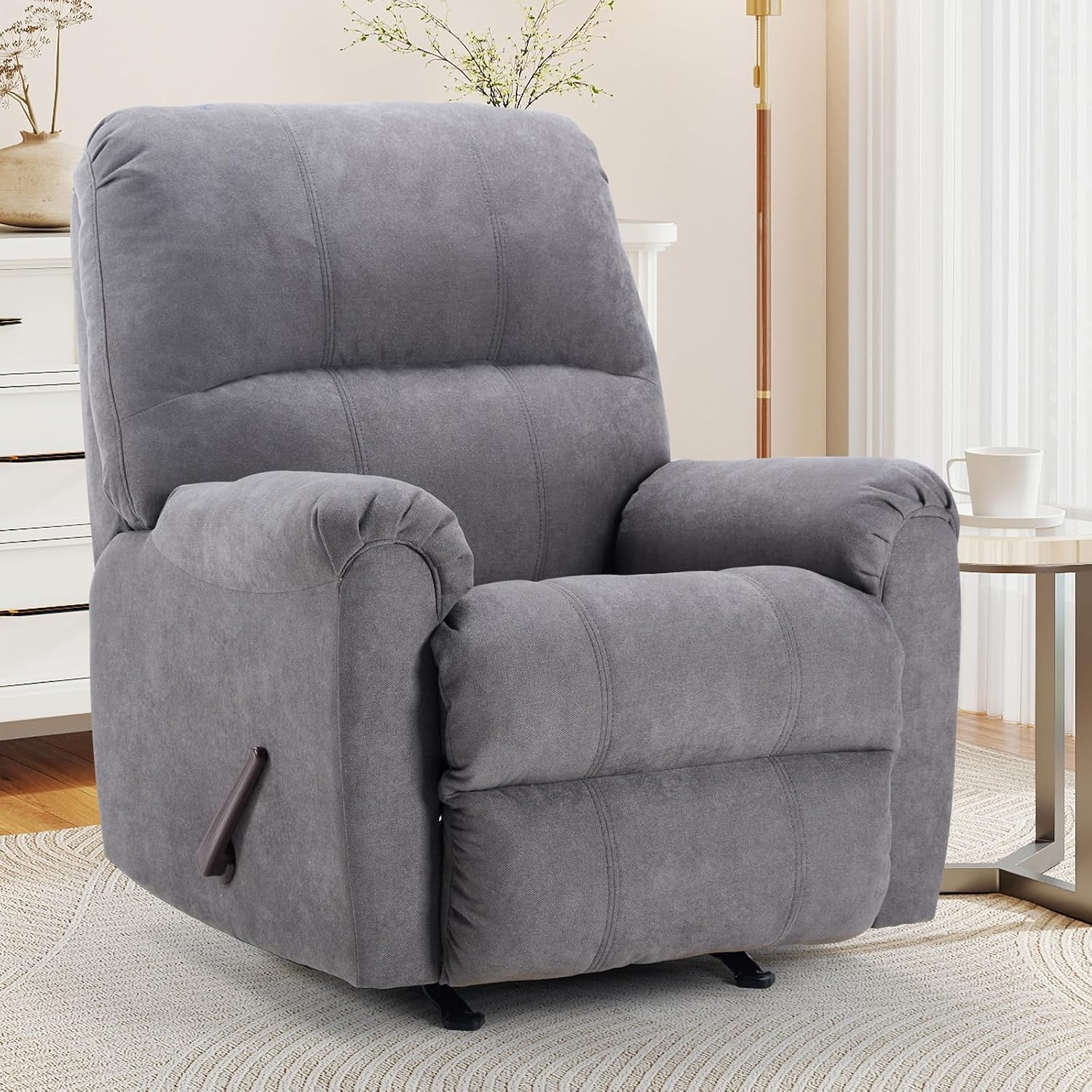 CANMOV Rocker Recliner Chair, Soft Fabric Manual Recliner Chair with Overstuffed Back and Arms, Single Sofa Nursery Rocking Chairs for Living Room, Grey