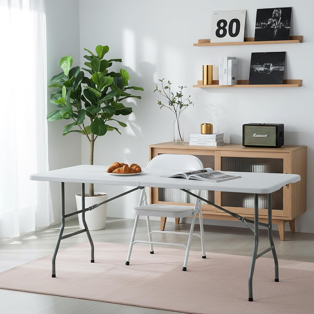 Folding Table 6FT Portable Heavy Duty Plastic Table with Carrying Handle Fold-in-Half Utility Foldable Tables for Parties Wedding Events Dining Indoor Outdoor Picnic (White)