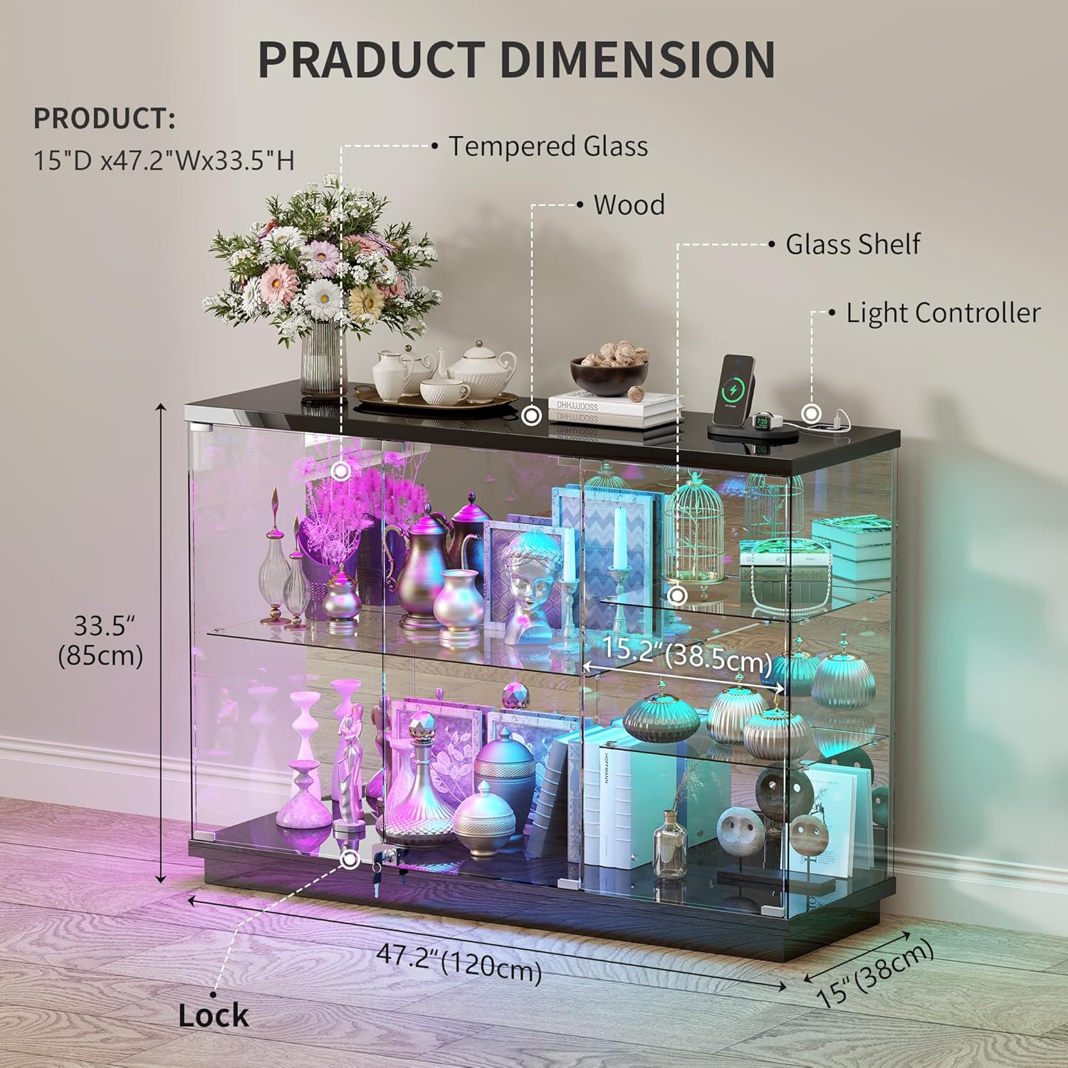 RGB Glass Display Cabinet - with Human Body Sensor, High Gloss Sideboard with Lock & Glass Shelves for Toys, Books, Collectibles, Liquor, Bookcase for Living Room, Kitchen, Study, Black