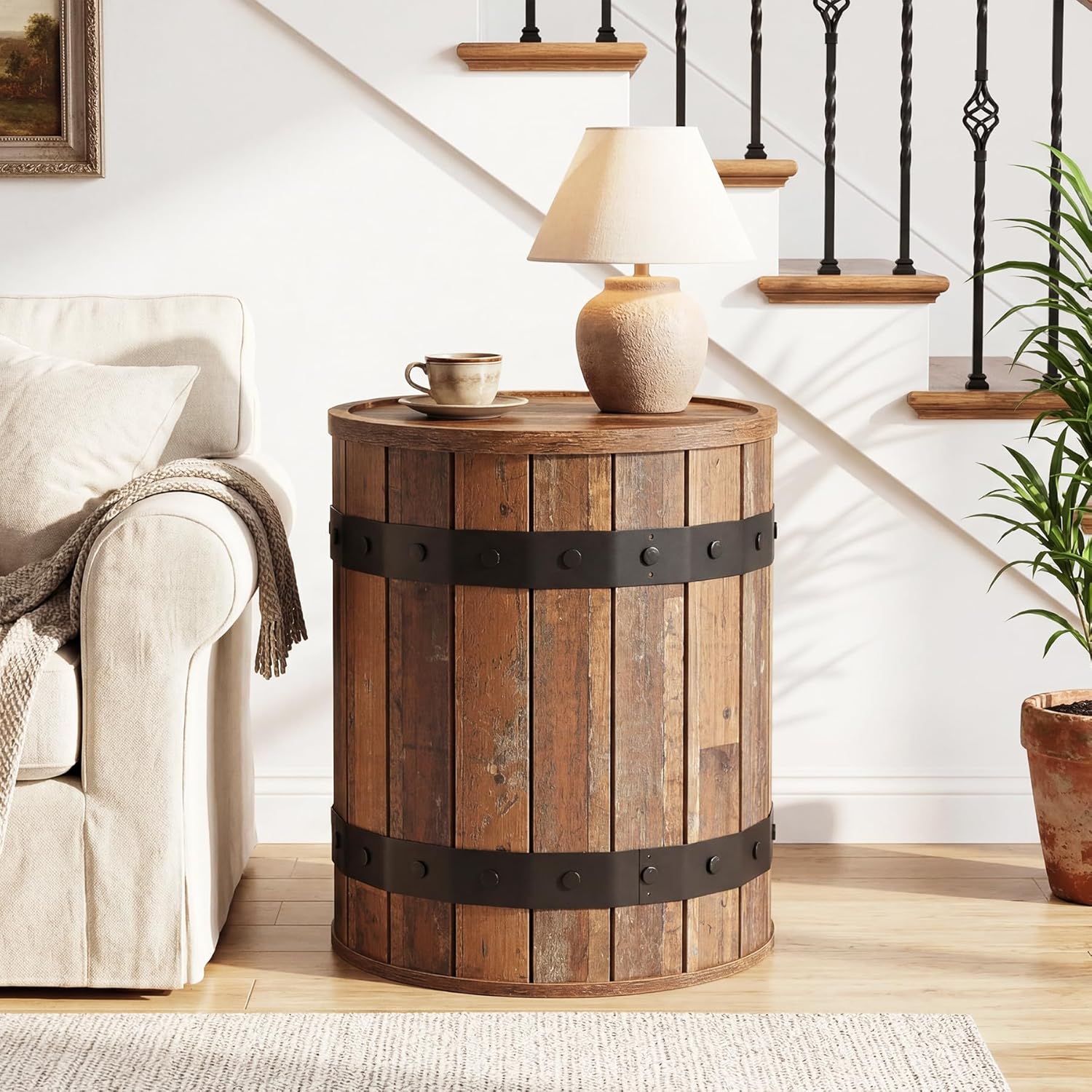 Tribesigns Barrel Side Table with Hidden Storage, 19.68" Farmhouse Round Rustic Wood End Table with Removable Lid, 24" Tall Sofa Side Bedside Nightstand for Living Room (1 PCS)