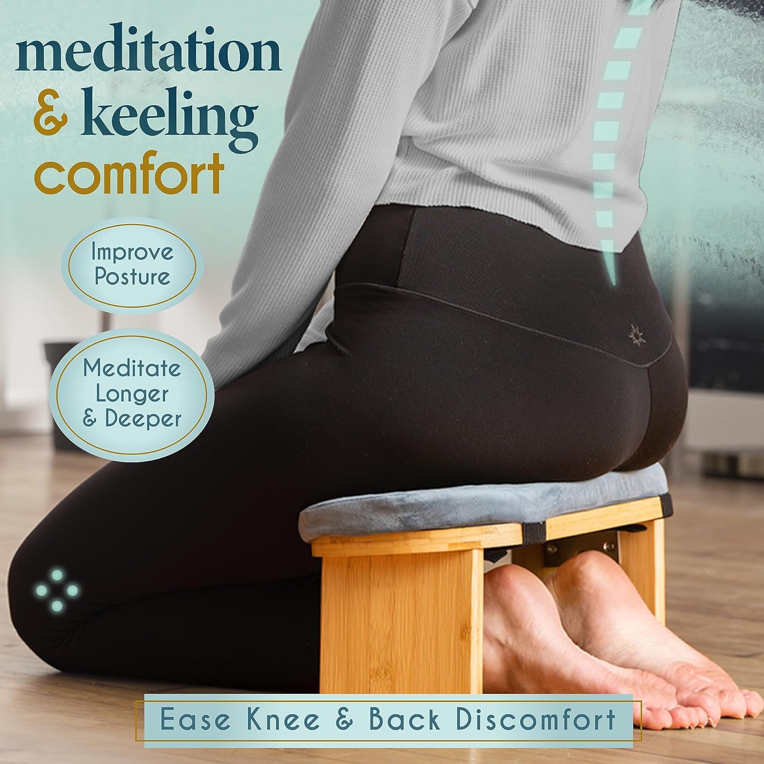 Florensi Folding Bamboo Kneeling Meditation Chair - 18 x 7 x 6 in, Grey, Portable Kneel-On Bench, Foldable Bench for Prayers, Stable Meditation Support & Anti-Slip Feet