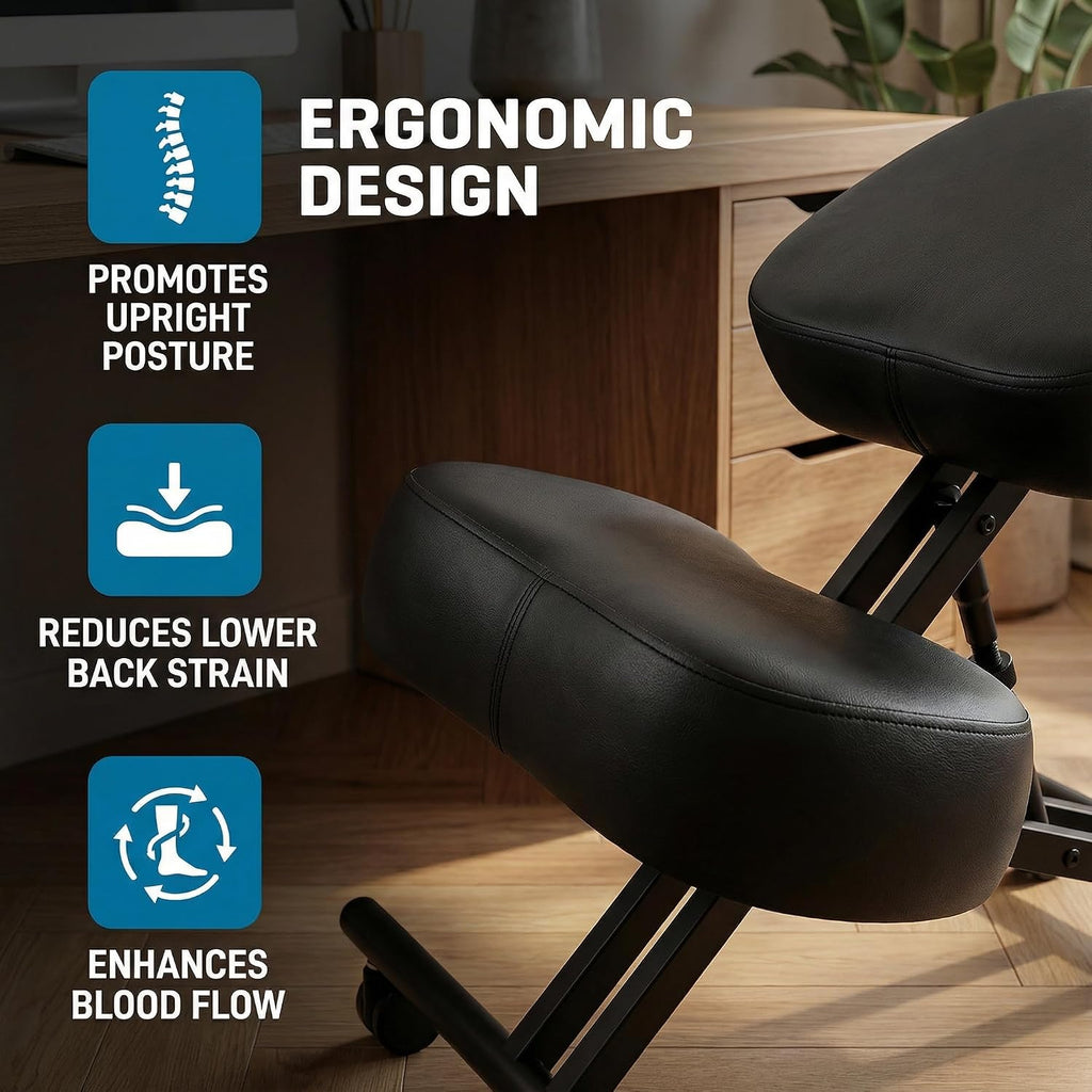 Ergonomic Office Kneeling Chair, Height Adjustable Stool with Thick Foam Cushions and Smooth Gliding Casters to Improve Posture and Relieve Pain, Multifunctional Design for Home and Office
