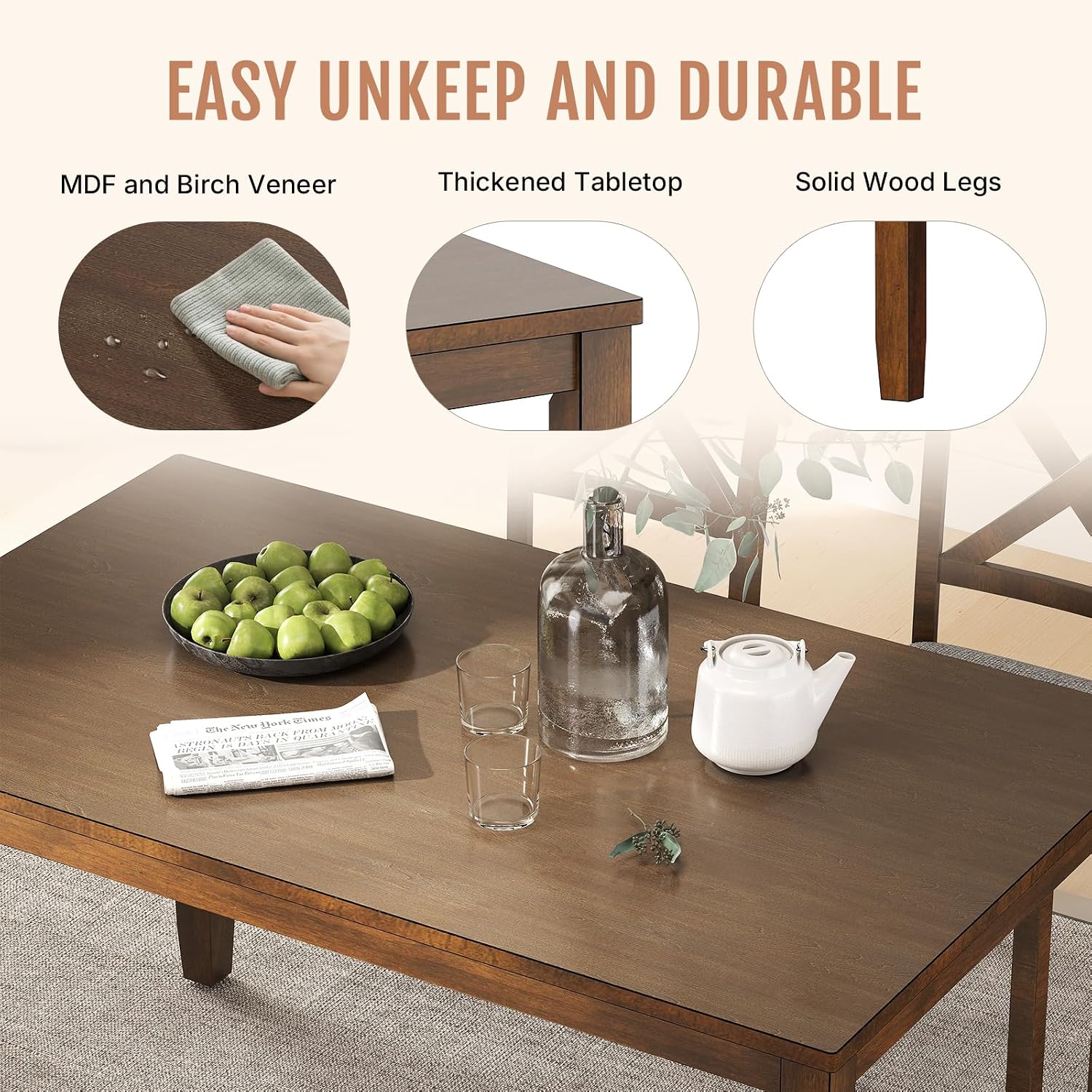 Zevemomo 6-Piece Wooden Dining Table Set, Wooden Legs Dining Table, Walnut | Dining Table Set for 6, Including 1 Dining Table, 4 Upholstered Chairs and 1 Bench, Table Set for Dining Room & Kitchen
