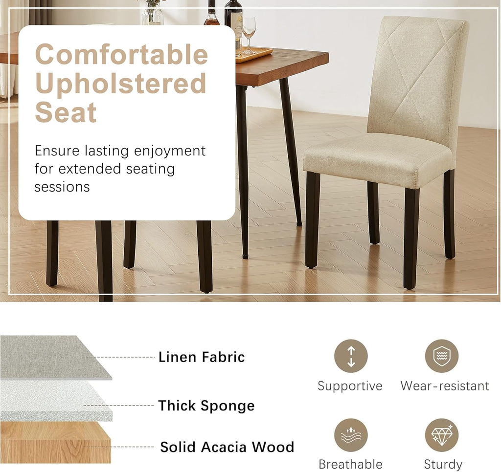 VECELO Upholstered Dining Chairs Set of 6, Modern Fabric and Solid Wood Legs & High Back for Kitchen/Living Room- Beige