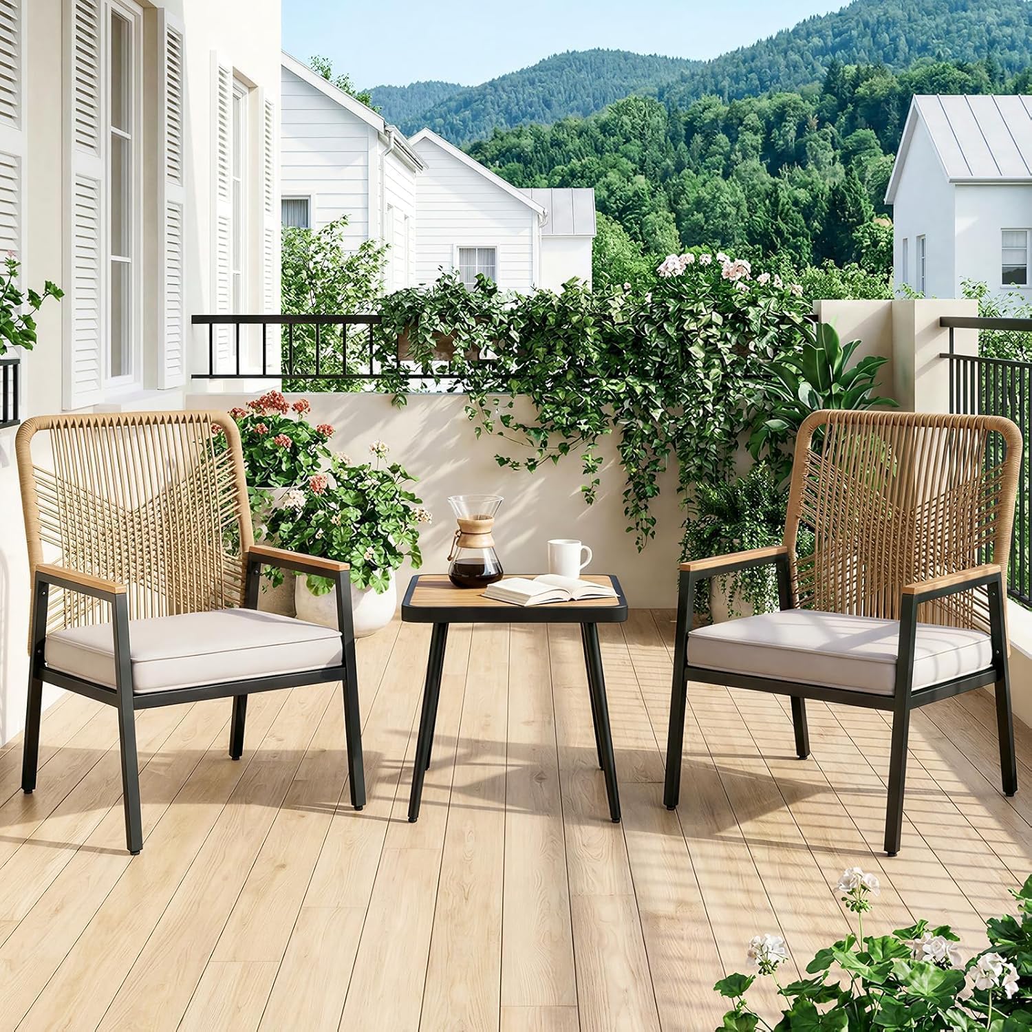 LIFERUN 8-Piece Patio Armchairs Set, Wide Outdoor Rattan Chairs (22in Seat Width) with Ergonomic Curved Backrest, 3.15in Thick Cushions, WPC Armrest, for Balcony, Backyard, Terrace, Beige