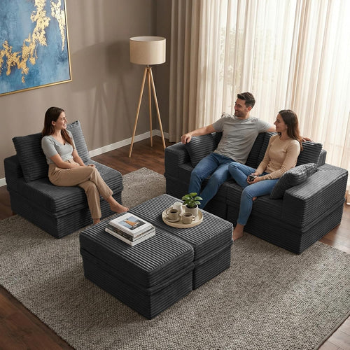 107'' Modular Sectional Sofa, Deep Seat Boneless Couch with Storage | Oversized High-Back for Living Room & RV | With Ottoman | High Density Foam & Corduroy | Tool-Free Assembly | Cozy Dark Gray
