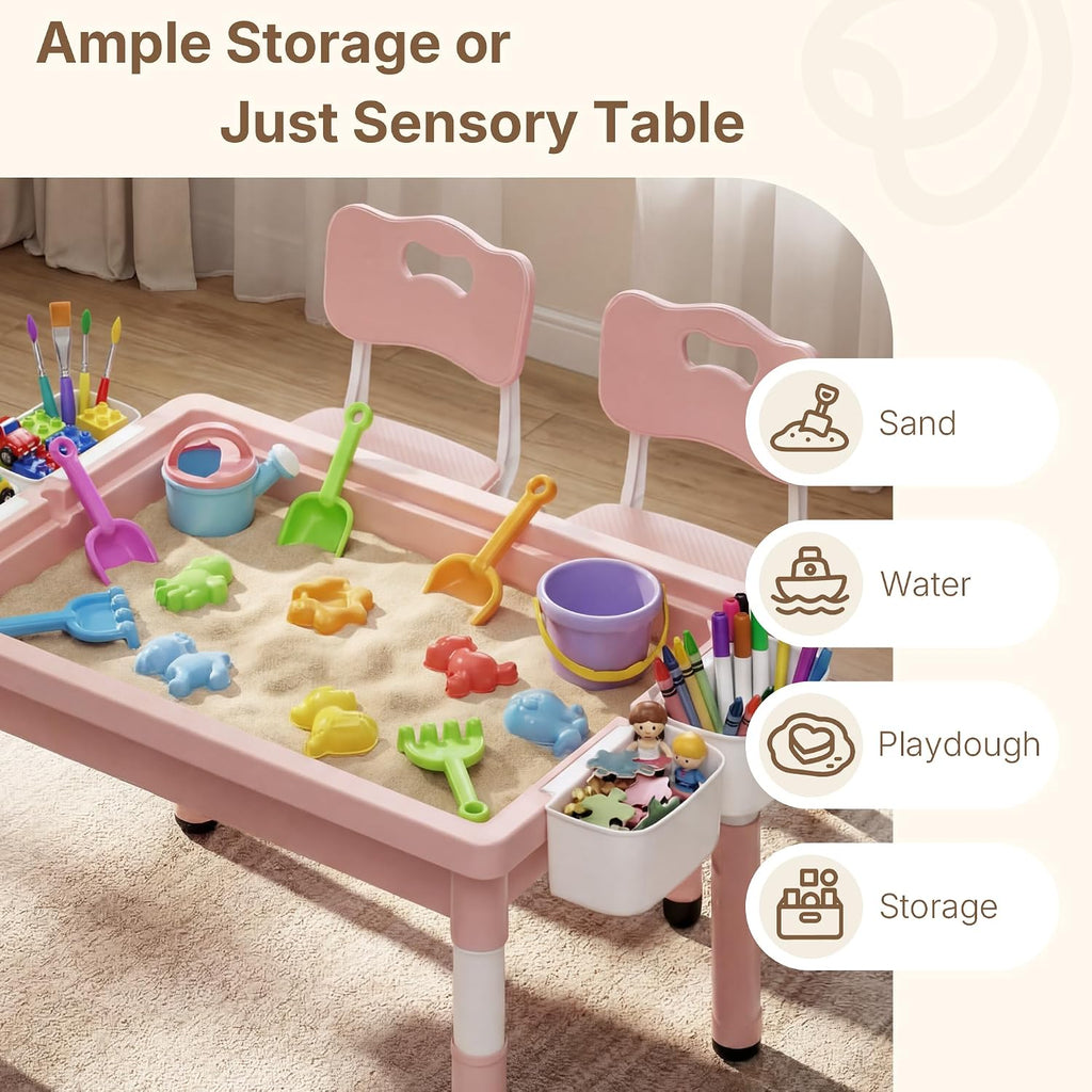 4 in 1 Kids Table and 2 Chairs Set, Reversible Tabletop, Pink | Double-Sided Graffiti/Block Building Tabletop, Adjustable Height, Under-Table Storage, 4 Storage Bins, Toddler Activity Desk