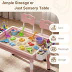 4 in 1 Kids Table and 2 Chairs Set, Reversible Tabletop, Pink | Double-Sided Graffiti/Block Building Tabletop, Adjustable Height, Under-Table Storage, 4 Storage Bins, Toddler Activity Desk