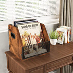 Homeiju Vinyl Record Storage, Record Box Case Crate, Vinyl Record Album Holder, Desktop Metal & Wooden LP Record Crate, Holds up to 60 Records（Patent No.D1024563