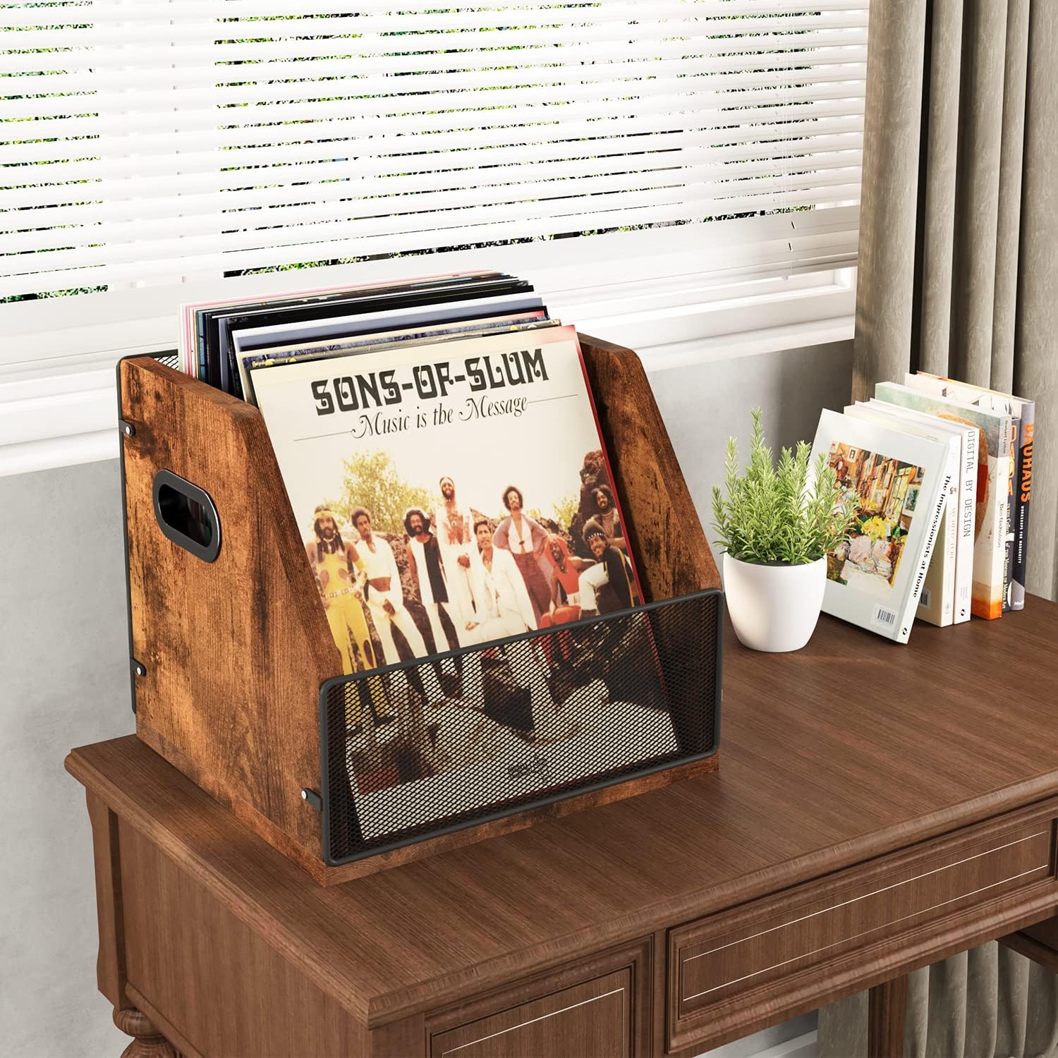 Homeiju Vinyl Record Storage, Record Box Case Crate, Vinyl Record Album Holder, Desktop Metal & Wooden LP Record Crate, Holds up to 60 Records（Patent No.D1024563
