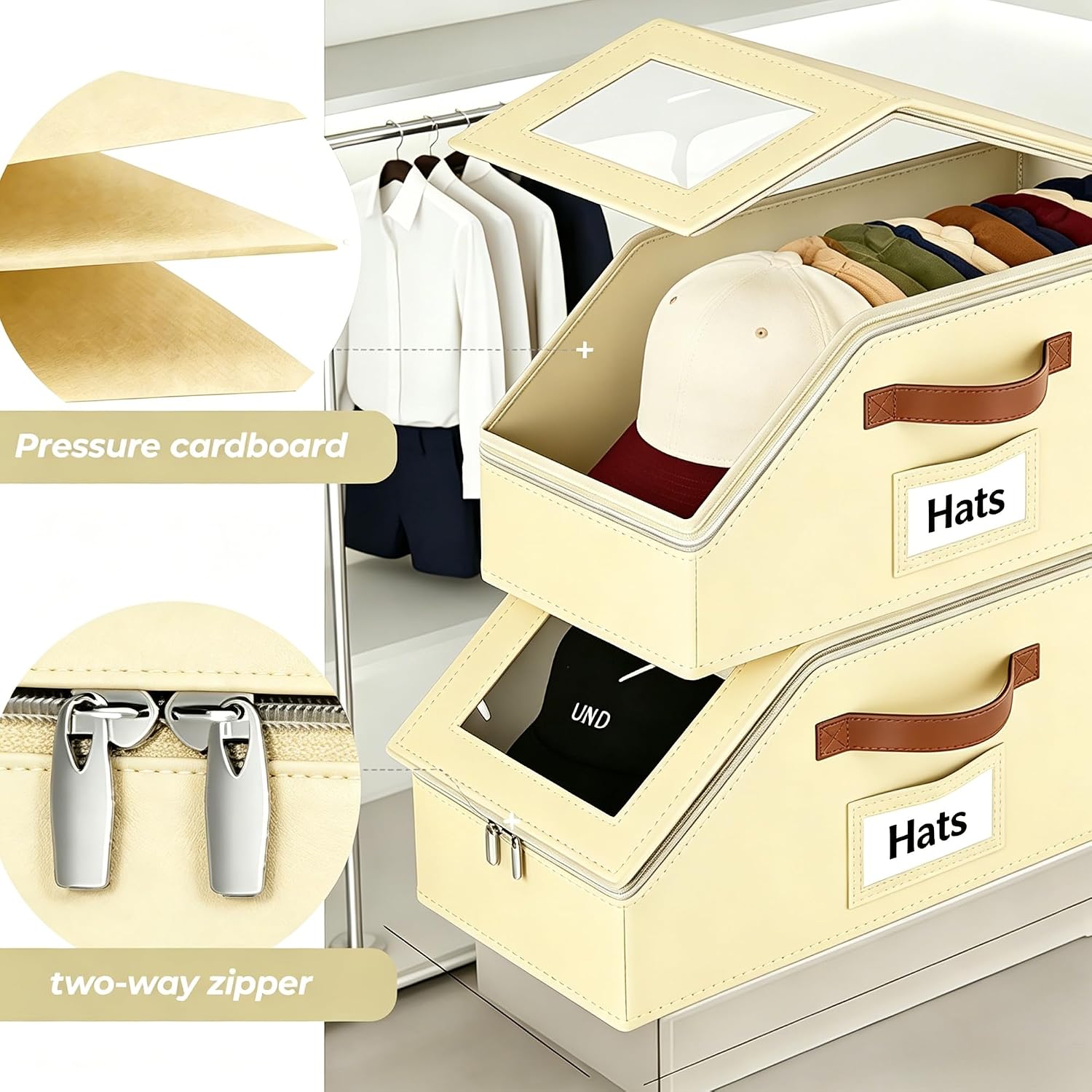 2 Pack Hat Organizer for Women & Men, Foldable Hat Storage Box with Clear Window Lid, Stackable Clear Hat Storage for Baseball, Cowboy Caps, Store up to 28 Caps, Butter Yellow