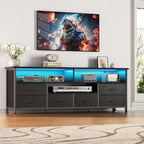 Furologee 55 Inch TV Stand, Entertainment Center with Power Outlets and LED Lights for 55 60 Inch TVs, Media Console Table Dresser with 6 Fabric Drawers, for Bedroom, Living Room, Black