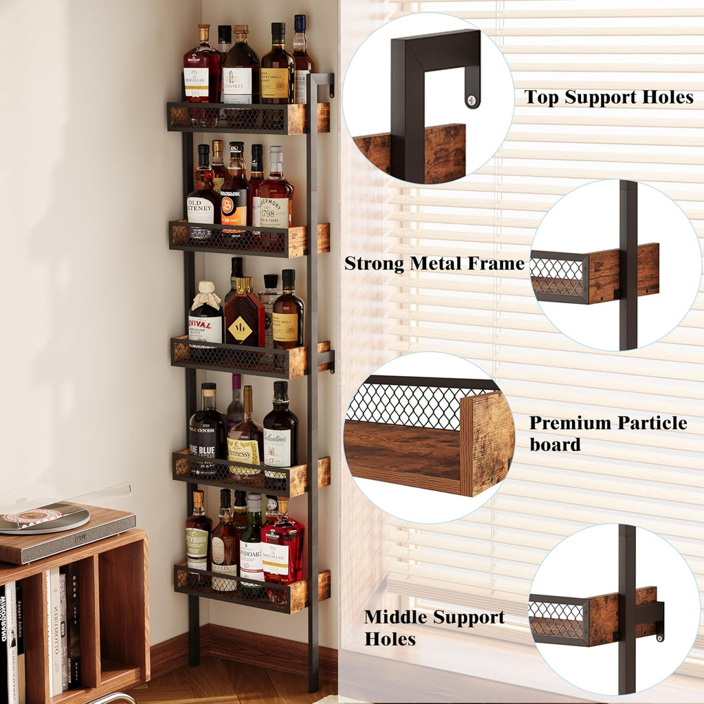 Unionly 5-Tier Liquor Stand for Home Bar，Freestanding Wine Racks for Wall,Wines Bottle Holder Display Shelf with Fences,Liquor Storage for Kitchen, Dining Room, Bar (Rustic Brown)