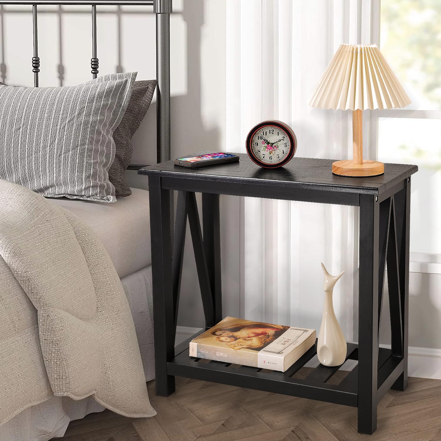 Narrow Side Table with Storage Shelf 2 Tier Wooden Nightstand Bedside Tables for Small Spaces Black Modern Accent Sofa Side Tables for Couch Living Room Bedroom Entryway