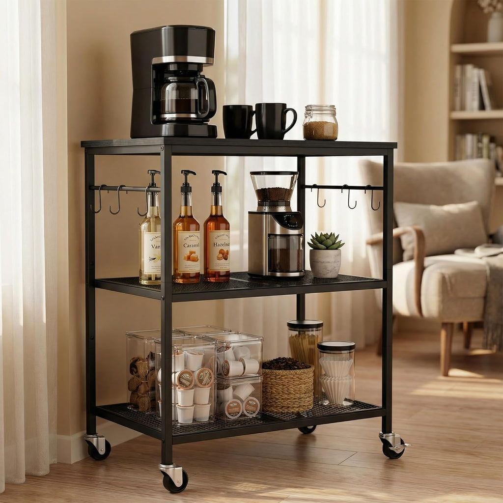 Homleke 3-Tier Rolling Kitchen Microwave Cart, Kitchen Utility Cart on Lockable Wheels, Coffee Bar Table Station with 6 S-Shaped Hooks, Small Appliance Storage Shelf, Black