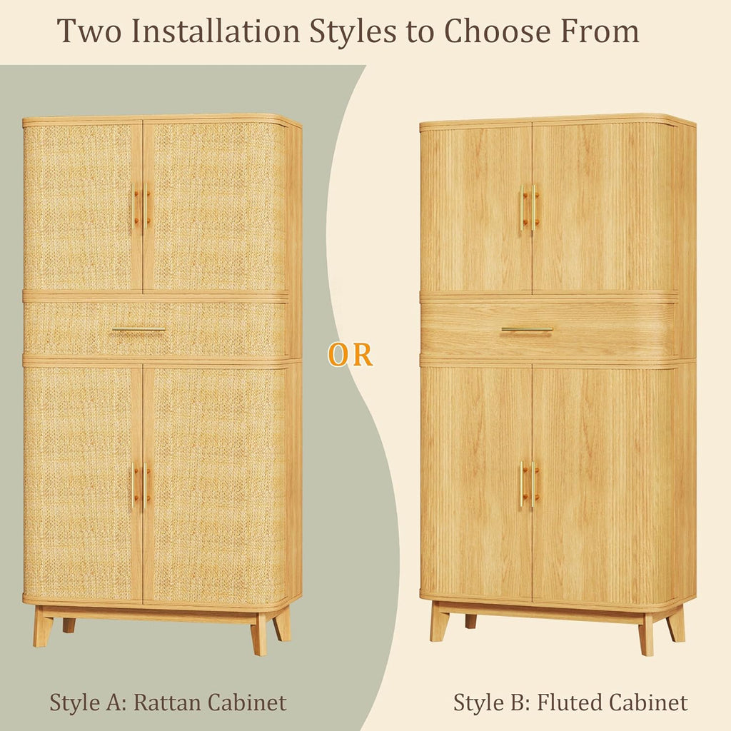 HUAHUU Kitchen Pantry Cabinet, 71" Tall Pantry Storage Cabinet with Rattan Doors, Large Drawer, Modern Curved Cabinets for Kitchen, Dining Living Room, 10 Compartment Wooden Food Pantry, Natural