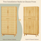 HUAHUU Kitchen Pantry Cabinet, 71" Tall Pantry Storage Cabinet with Rattan Doors, Large Drawer, Modern Curved Cabinets for Kitchen, Dining Living Room, 10 Compartment Wooden Food Pantry, Natural