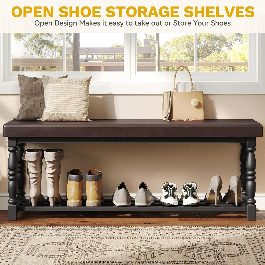 YITAHOME 48 Inch Entryway Bench, Storage Bench with Metal Shelf & Cushioned Seat, Indoor Shoe Rack Bench Seat for Dressing Room, Bedroom, Hallway, Entrance, Brown & Black