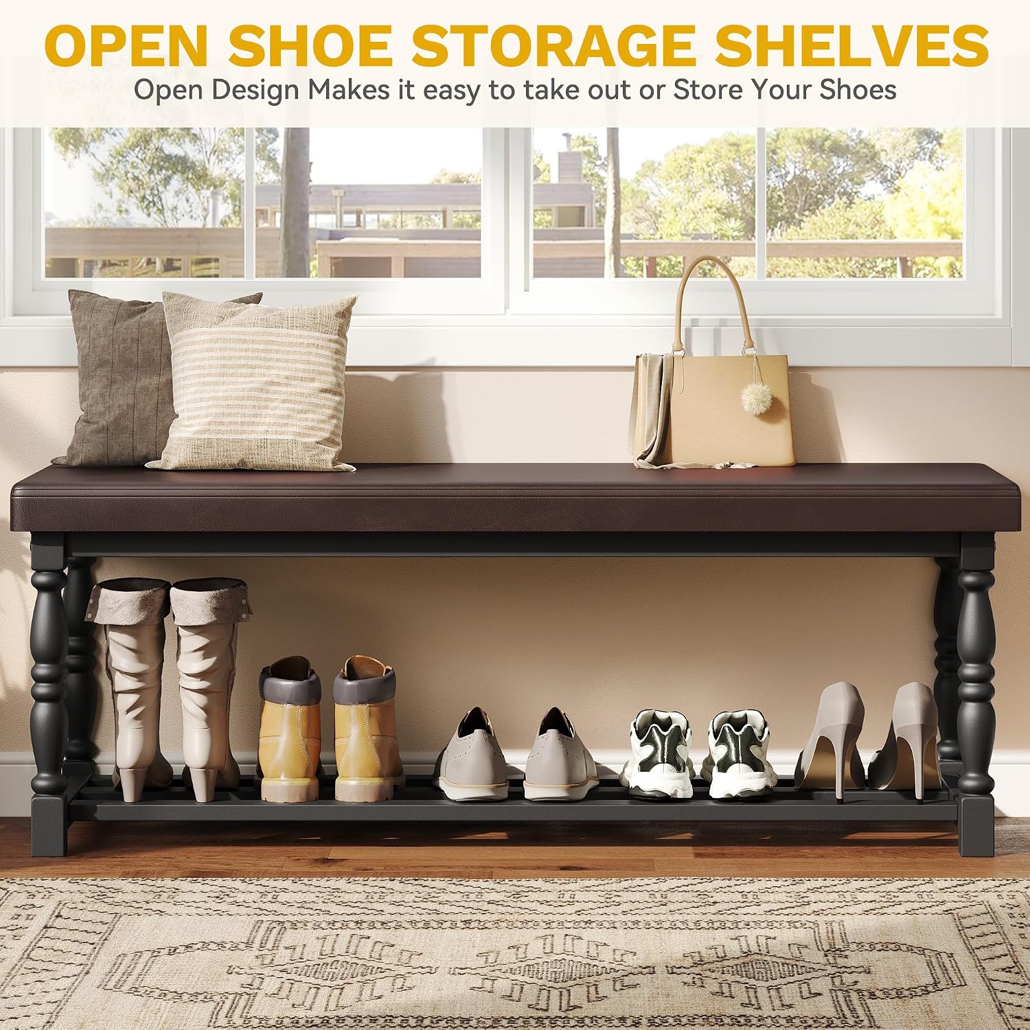 YITAHOME 48 Inch Entryway Bench, Storage Bench with Metal Shelf & Cushioned Seat, Indoor Shoe Rack Bench Seat for Dressing Room, Bedroom, Hallway, Entrance, Brown & Black