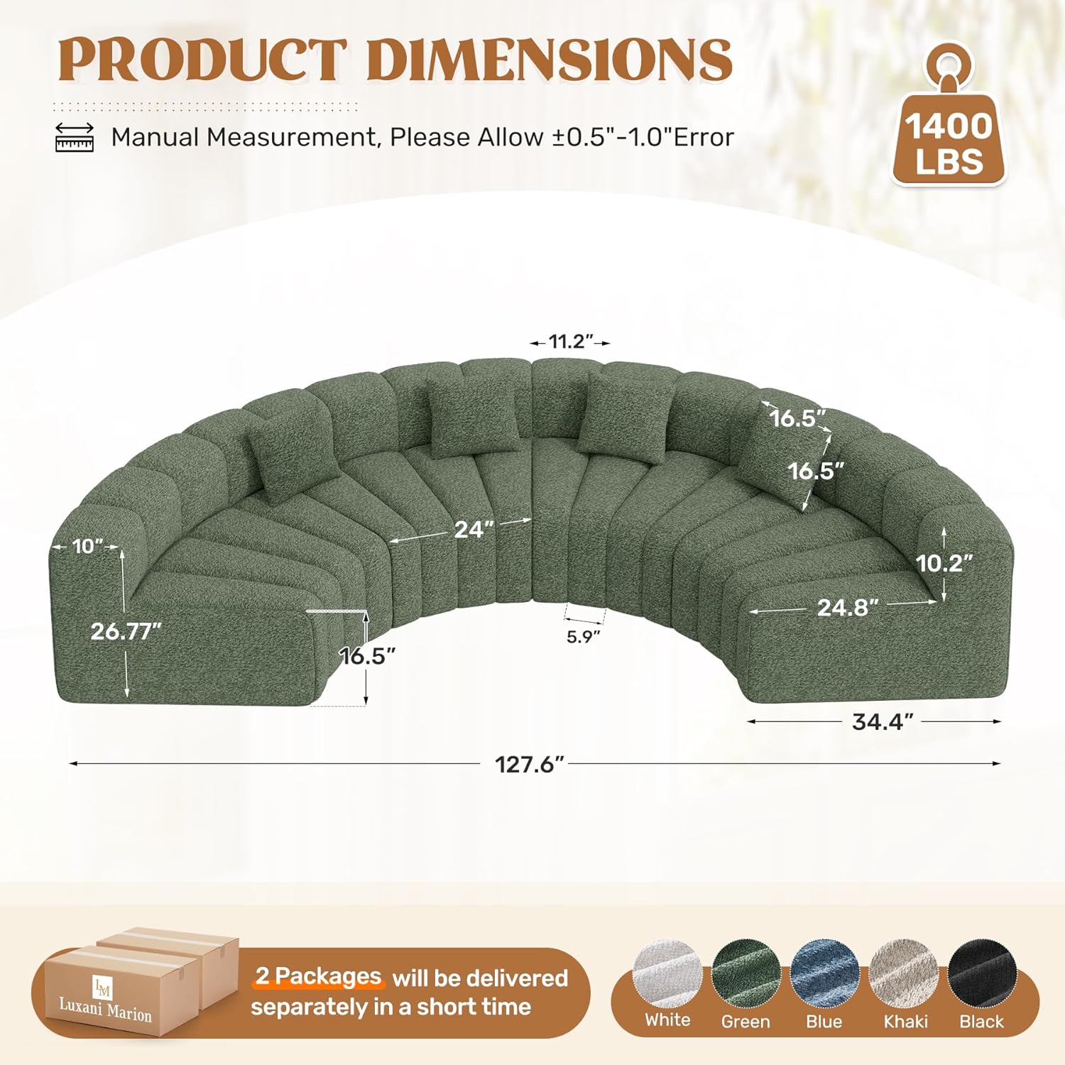 128" Oversized Curved Cloud Couch, Modern Compressed Modular Sectional Sofa, 4 Seater Boneless Couches for Living Room, No Assembly Required, Green 1 PCS
