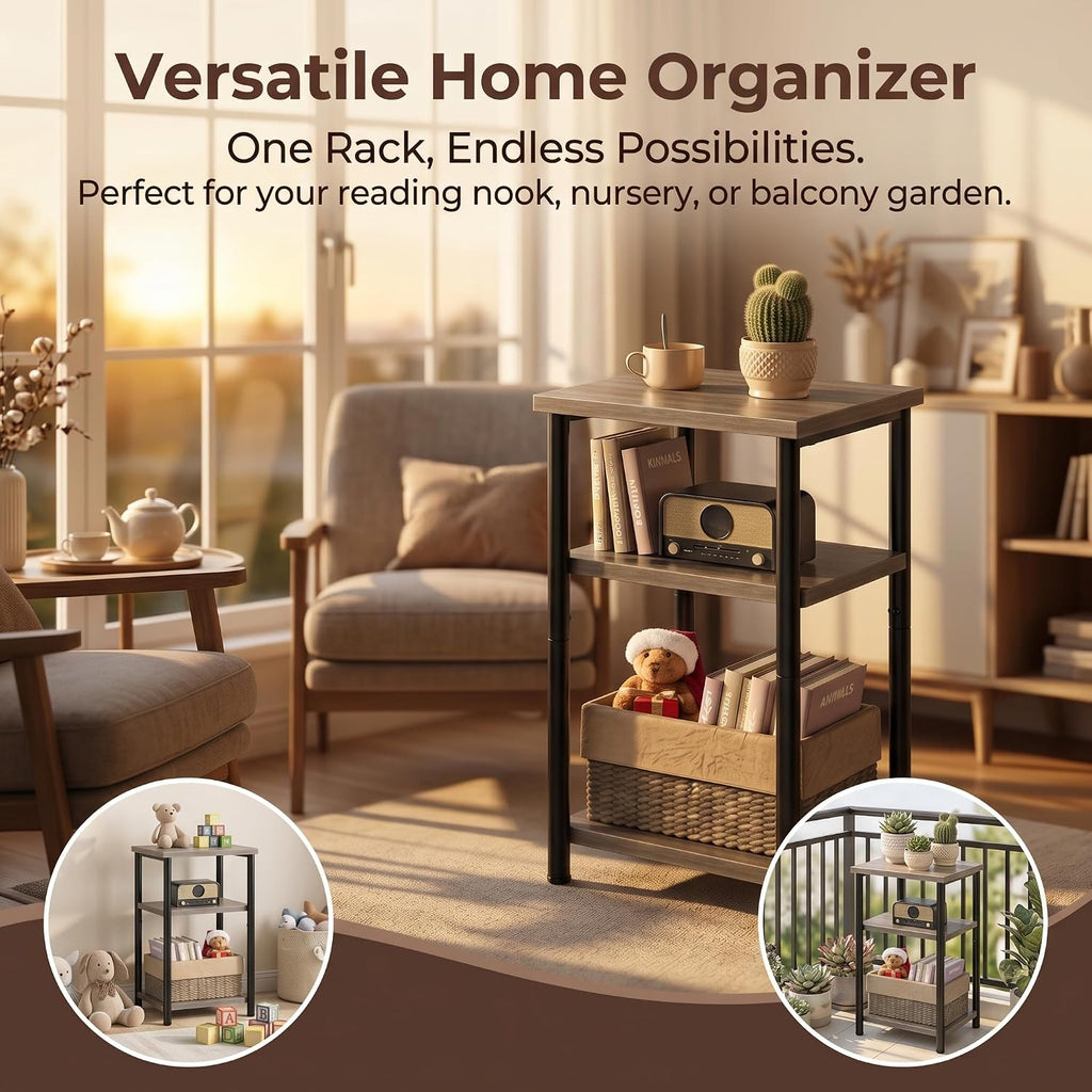 3 Tier Narrow End Table, Industrial Side Table for Sofa Couch, Sturdy Nightstand Bedside Table with Multi-Layer Storage Shelves, Small Accent Side Table for Living Room Bedroom Small Space (2, Grey)