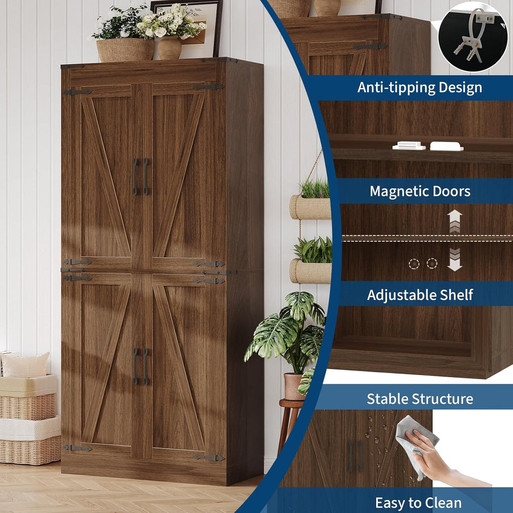 Rustic Brown Kitchen Pantry Cabinet – 71" Tall Freestanding Farmhouse Storage Cabinet with Doors & Adjustable Shelves – Rustic Wood Food Organizer for Kitchen, Living Room, Dining Room & Bathroom