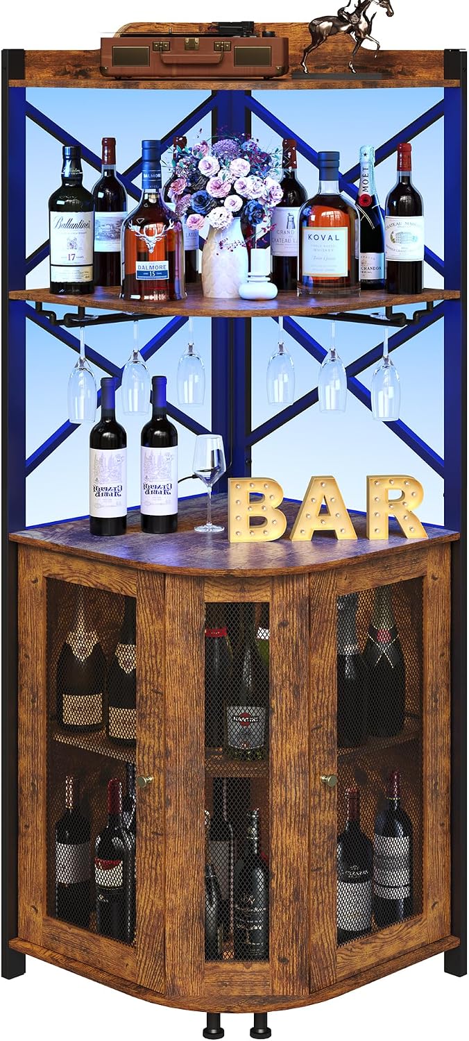 JKsmart Corner Bar Cabinet with LED Lights, 5-Tier Industrial Wine Bar Cabinet with Glass Holder, Farmhouse Liquor Cabinets with Shelf and Door, Home Bar for Coffee Bars, Rustic Brown