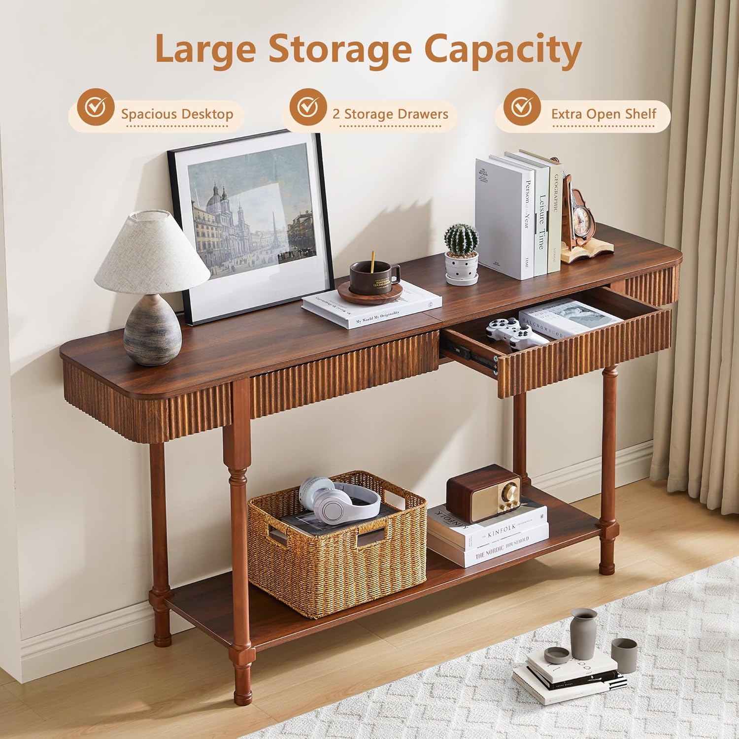 63'' Fluted Console Table with Drawers, Narrow Skinny Entryway Tables with Open Storage, Wooden Sofa Table Behind Couch, Foyer Accent Table for Living Room, Hallway, Entrance (Walnut)