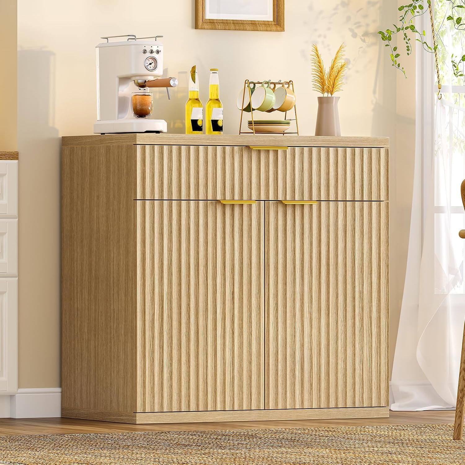 Buffet Sideboard Cabinet with Storage, 31.5" Buffet Table Coffee Bar Wine Bar Storage Cabinet with Adjustable Shelf for Living Room, Kitchen, Natural