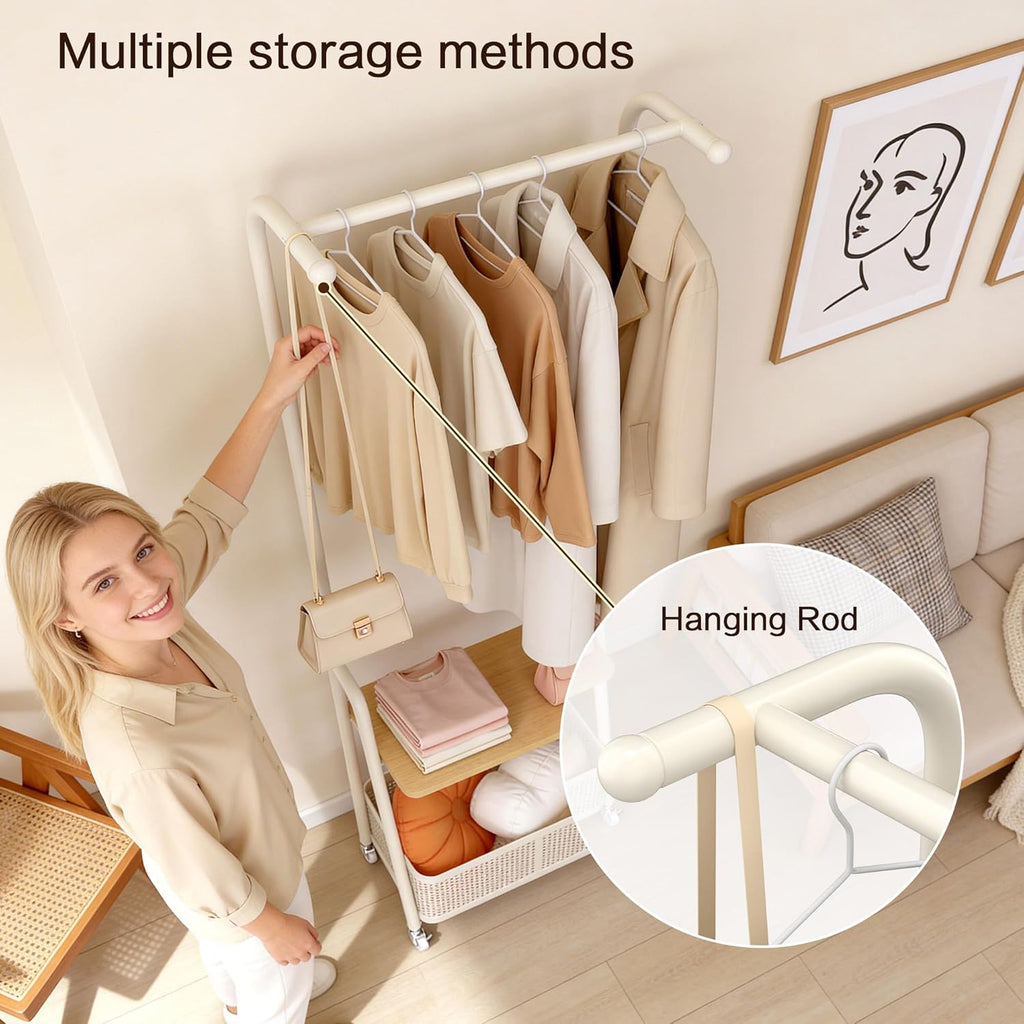 Coat Rack Freestanding with Wheels, 3-Tier Storage Garment Rack with Storage Basket, Rolling Organizer for Coats, Hats, Bags & Clothes, Coat Hanger Stand for Entryway Bedroom (H 66.9" x W 24)