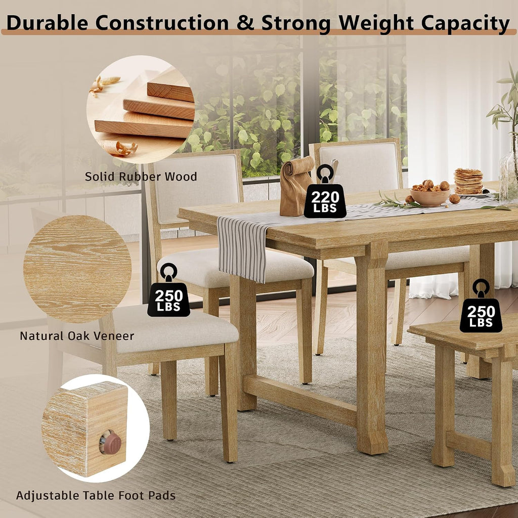 LUMISOL 6-Piece Dining Table Set for 6, Farmhouse Kitchen Table Set with 4 Upholstered Chairs with Bench, Solid Wood Table and Chairs Set for Kitchen, Dining Room, Natural Wood Wash+Beige