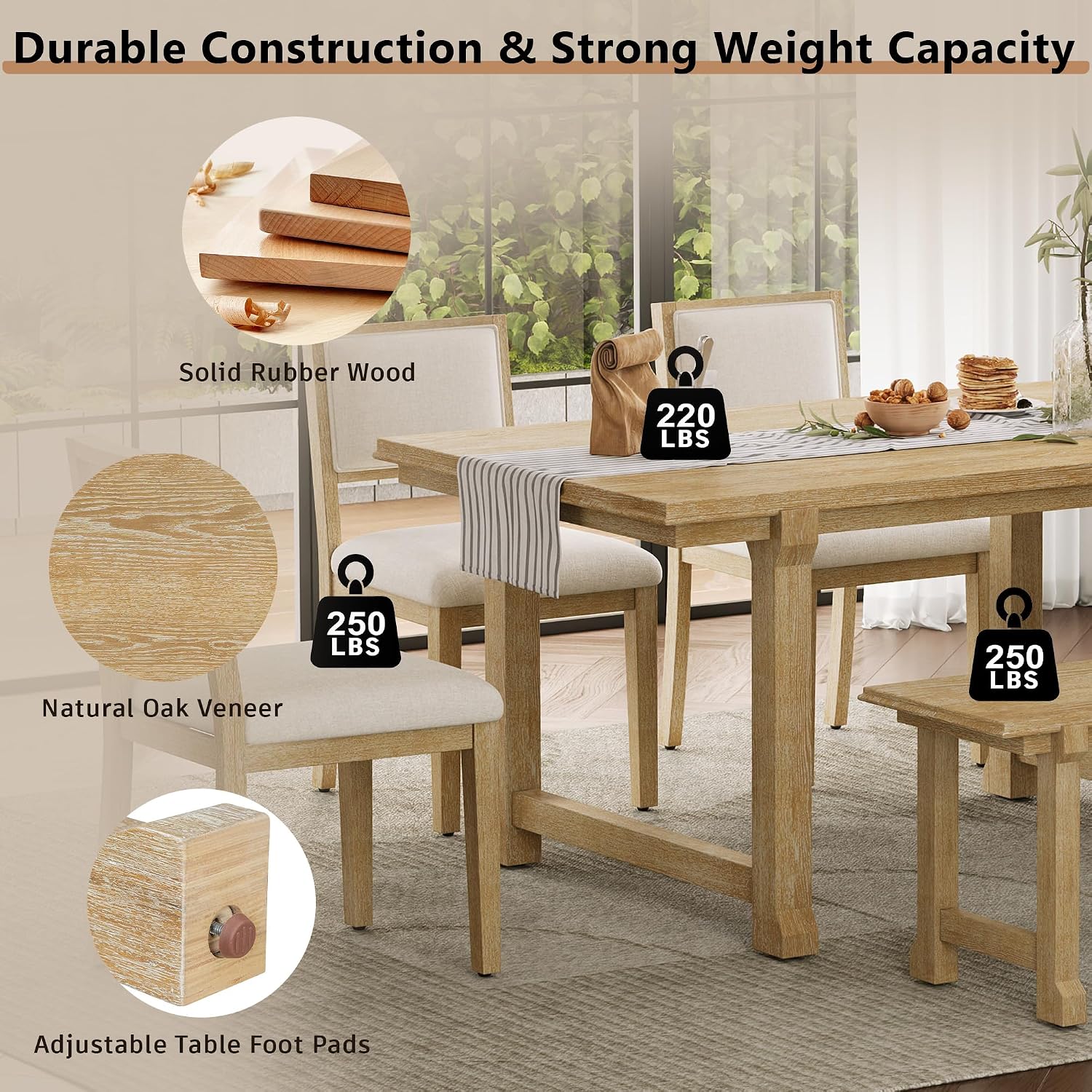 LUMISOL 6-Piece Dining Table Set for 6, Farmhouse Kitchen Table Set with 4 Upholstered Chairs with Bench, Solid Wood Table and Chairs Set for Kitchen, Dining Room, Natural Wood Wash+Beige