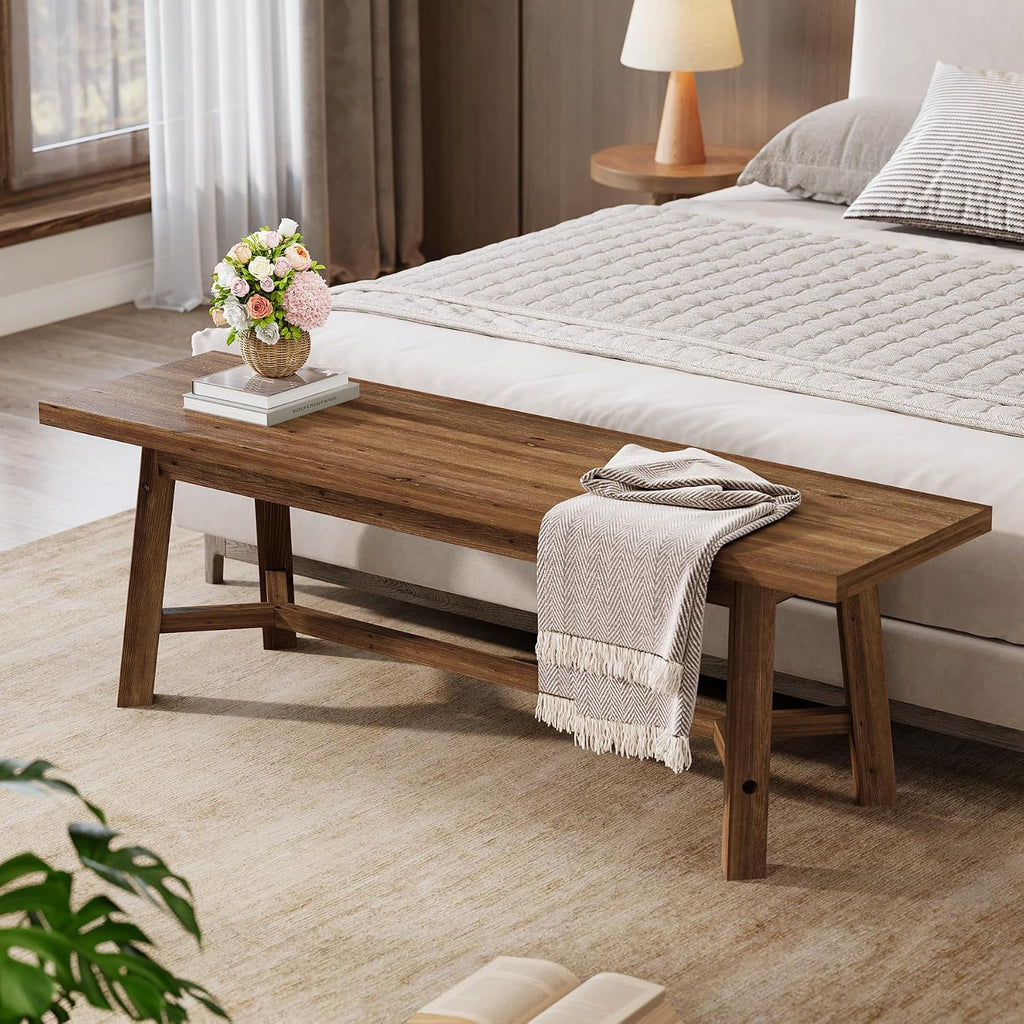 55" Solid Wood Bench, Farmhouse Long Bench Seat for Entryway, Dining Room, Living Room, Solid Wood, Dark Brown