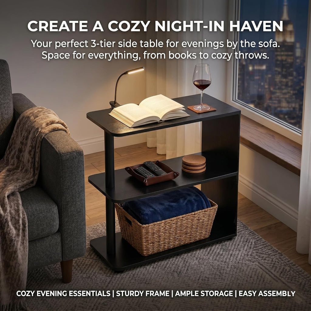 3-Tier Narrow End Table, Industrial Slim Side Table for Small Spaces, Sofa Couch Table Accent Nightstand with Storage Shelves for Living Room, Bedroom, 22.5" L x 10" W x 21.5" H, Black