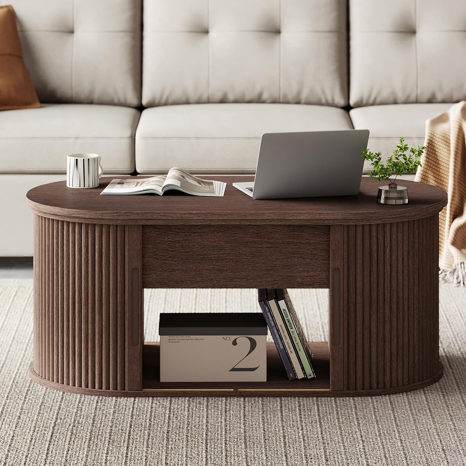 LINSY Lift Top Coffee Table, Oval Fluted Coffee Table with Storage, Mid Century Modern Wooden Coffee Tables with Sliding Tambour Door, 39" Center Table for Living Room, Office, Small Space, Walnut