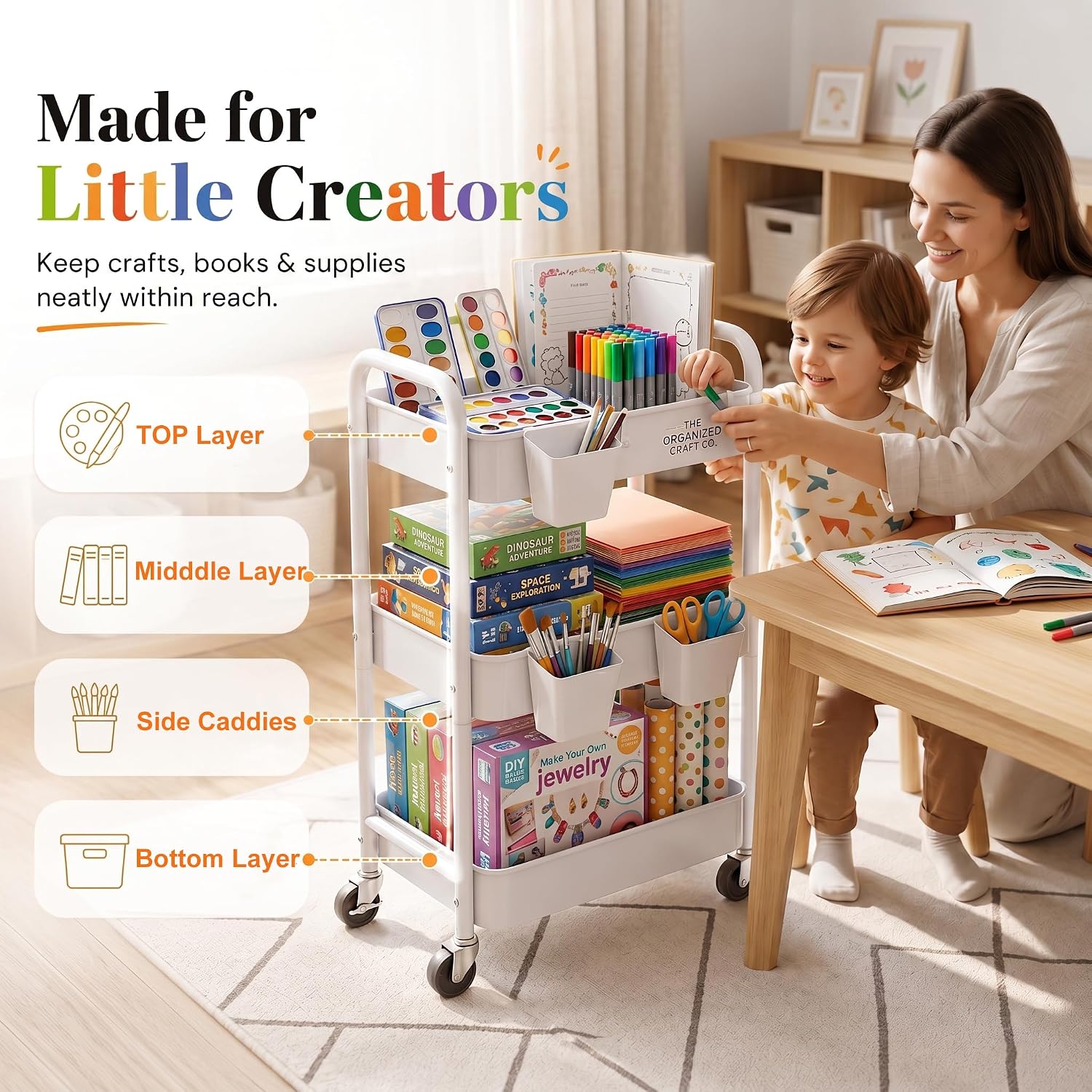 3 Tier Rolling Cart Metal with Wheels, White Three Tiered Storage Cart on Wheels, Utility Trolley Carts Organizer for Kitchen Storage, Pantry, Snack, Craft, Art, Lash, Makeup, Bathroom, Dorm Supply