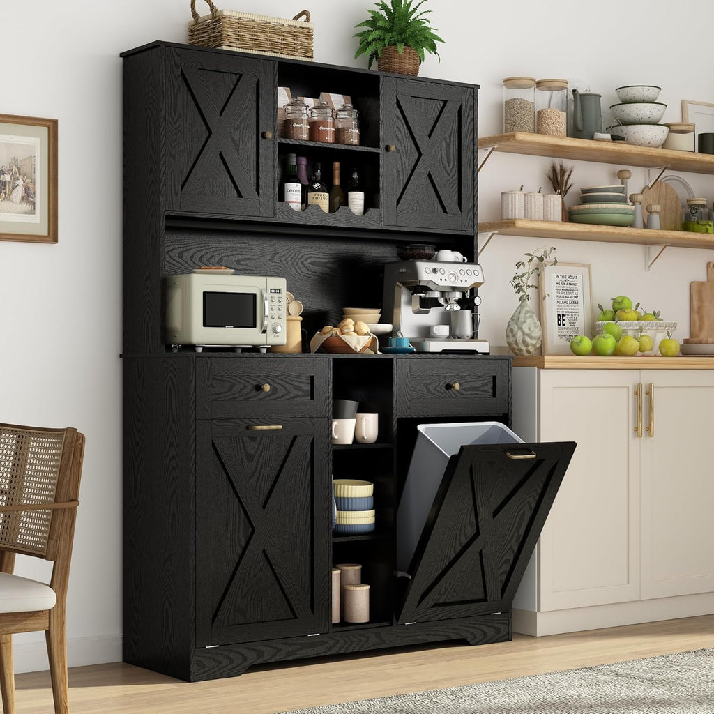 71" Tall 47"Wide Kitchen Pantry Storage Cabinet with Power Outlets,Farmhouse Kitchen Double Tilt Out Trash Cabinet 10X2 Gallon Garbage Holder with Two Drawers,Freestand Laundry Sort Cabinets(Black)