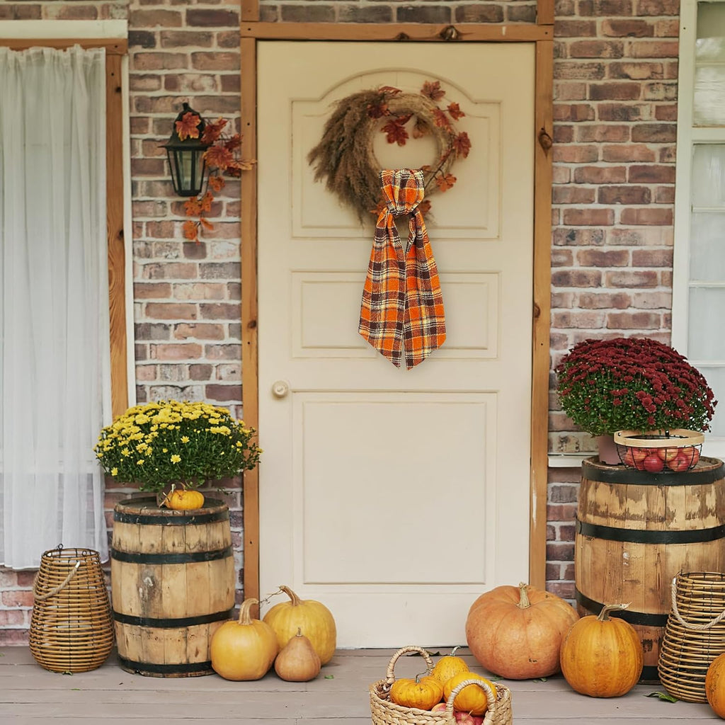 Autumn Buffalo Plaid Cotton Wreath Sash for Front Door Fall Wreaths Satin Sash Burlap Garland Ribbon Accessories for Fall Wreath Yard Doorway Indoor Outdoor Bow Home Decor,5.1 x 54.3
