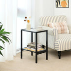 2-Tier Bamboo Side Table, Modern Glasstop Rattan Side Table, Mid Century Wood Sofa-Side End Tables for Living Room, Bedroom Night Stand with Storage, Small Narrow Coffee Tables, Black