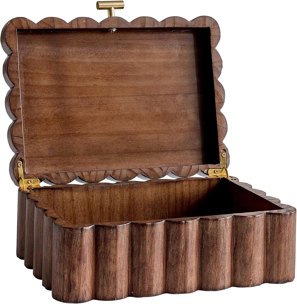10" x 7.25" x 3.88" Scalloped Wooden Box, Natural Wood Decorative Storage Box with Gold Metal Handle for Jewelry or Home Organizer