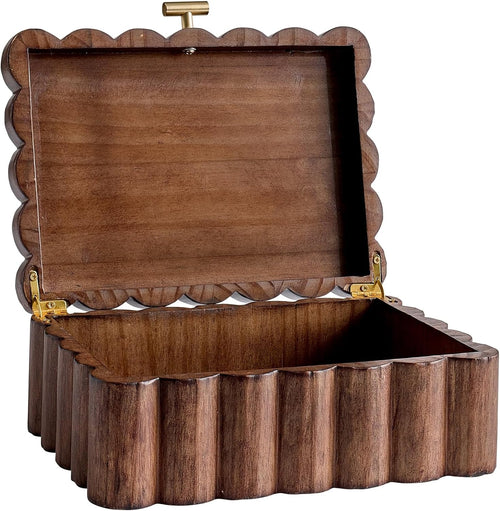 10" x 7.25" x 3.88" Scalloped Wooden Box, Natural Wood Decorative Storage Box with Gold Metal Handle for Jewelry or Home Organizer