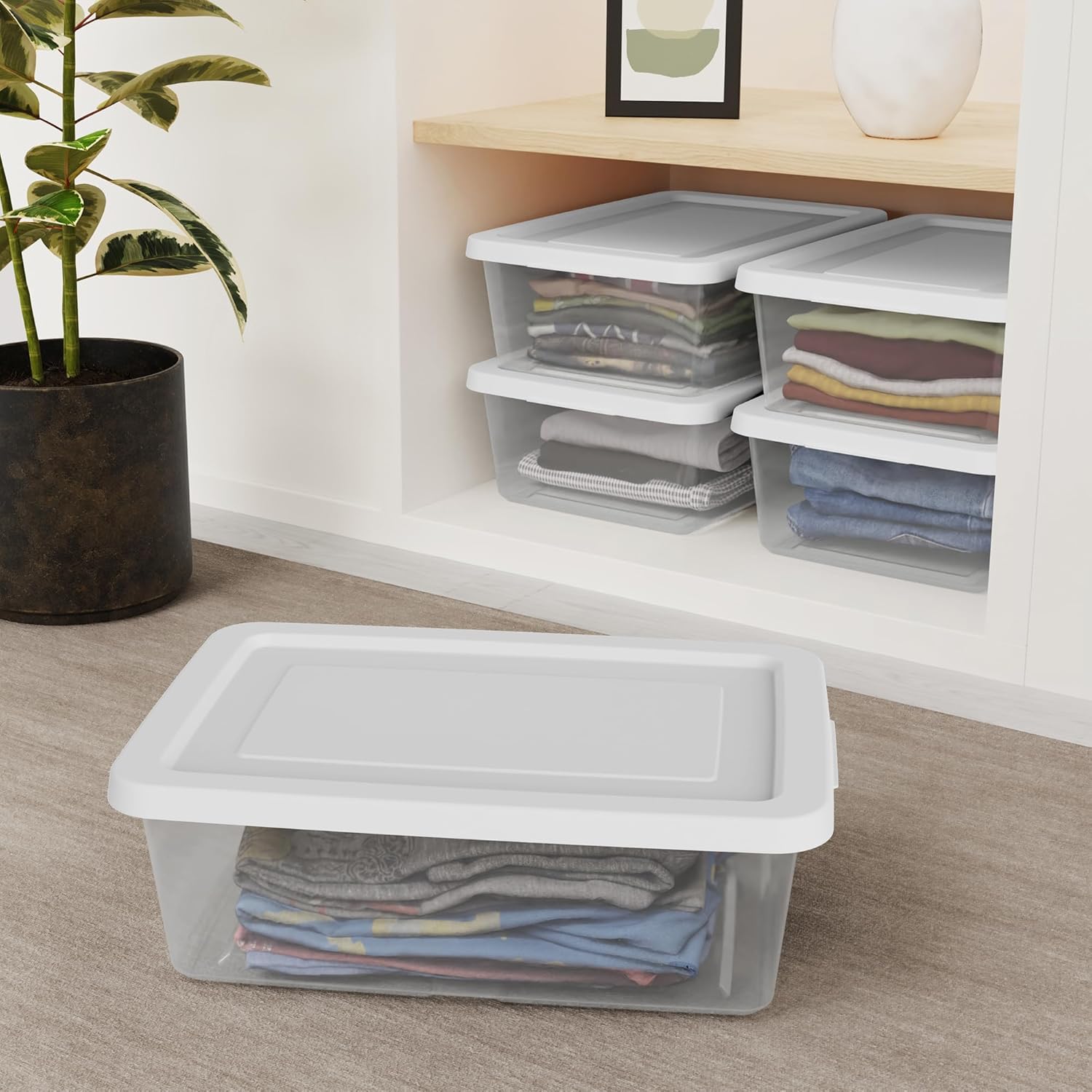 Sterilite 30 Pack Storage Box, 12 Quart Stackable Tote, Clear Plastic Container with Secure Snapping Lids for Home and Office Organization, White
