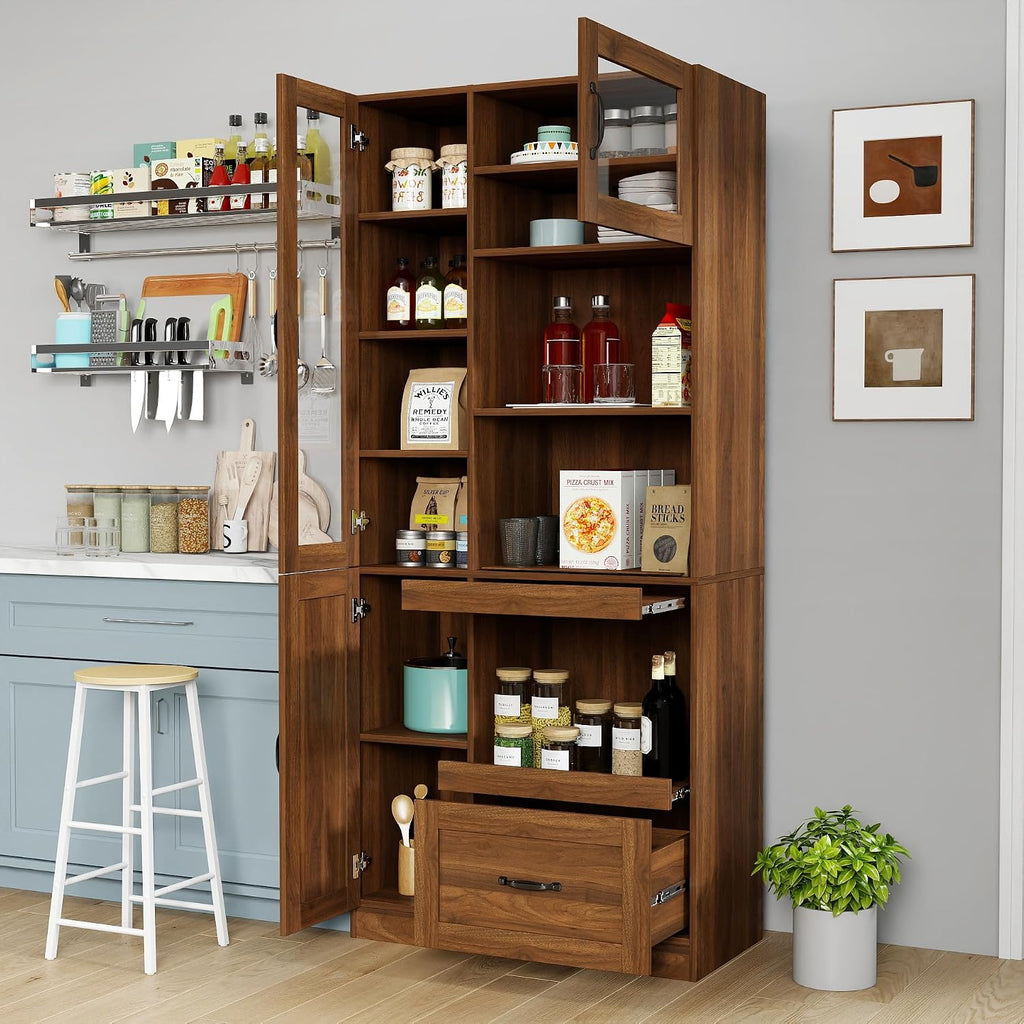 KEIKI 70.87" H Tall Kitchen Pantry Storage Cabinet with Countertop, Glass Doors, Drawers, Microwave Stand & Pull-Out Shelf, Freestanding Wood Hutch Food Pantries Cupboard for Coffee Bar, Dining Room