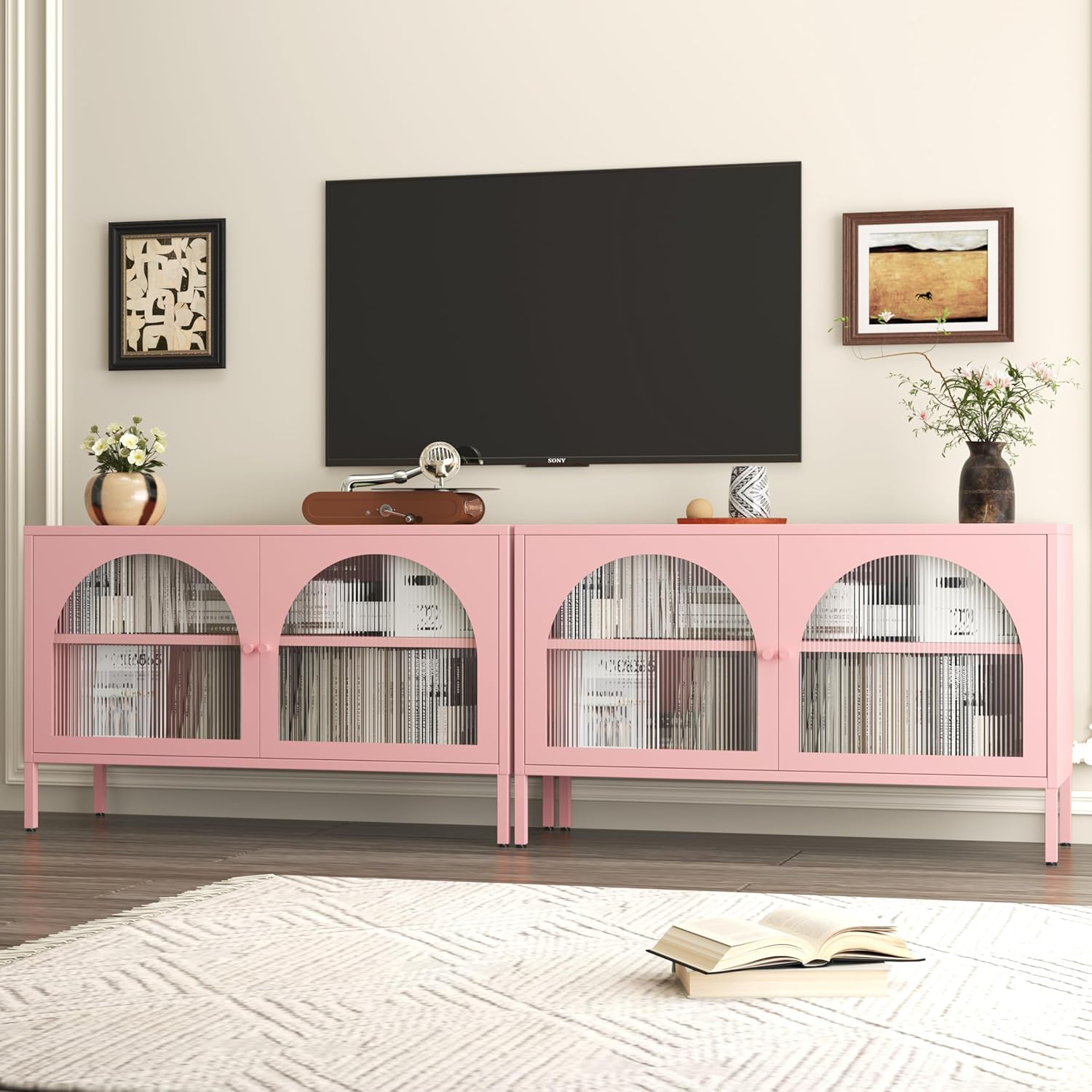Metal TV Stand, Accent Storage Cabinet with 2 Acrylic Doors, Pink Locker Cabinet with Adjustable Shelf, Side Cabinet for Home,Office,Entryway,Dining/Living Room,Bedroom,Pink