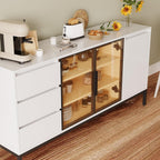 Freestanding Storage Cabinet with 3 Dawers, 3 Shelves, Single Door & French Door, Rectangular Wood Kitchen Pantry, Modern Minimalist, for Living Room, Dining Room, White