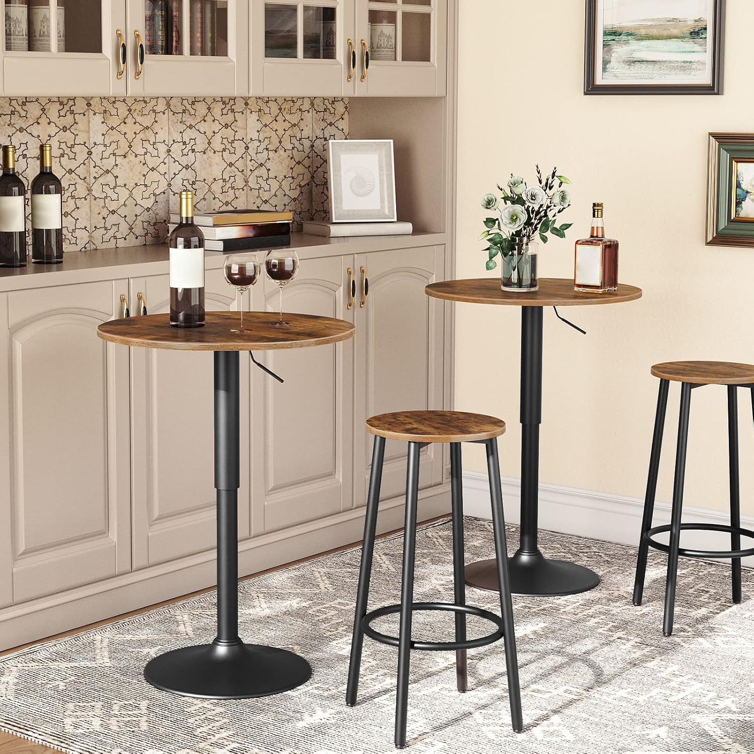 HOOBRO Bar Table, Height-Adjustable Round Pub Table 27-35.4 Inches with Sturdy Base, Modern Style, Easy to Assemble, Suitable for Small Space, Rustic and Black BF58BT01G1