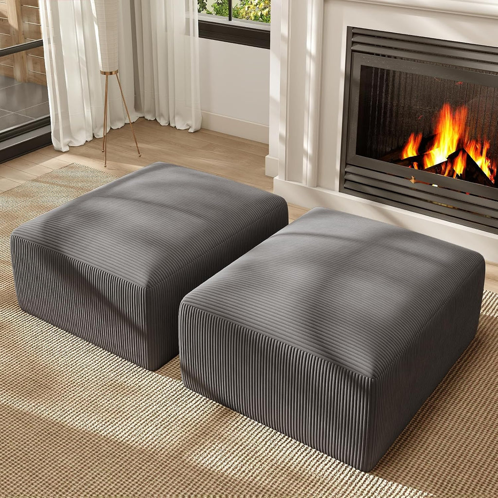 2 Square Cloud Footstool for Living Room, No Assembly Modular Corduroy Convertible Seat, Modern Boneless Style Sofa Accessory for Lounge or Bedroom