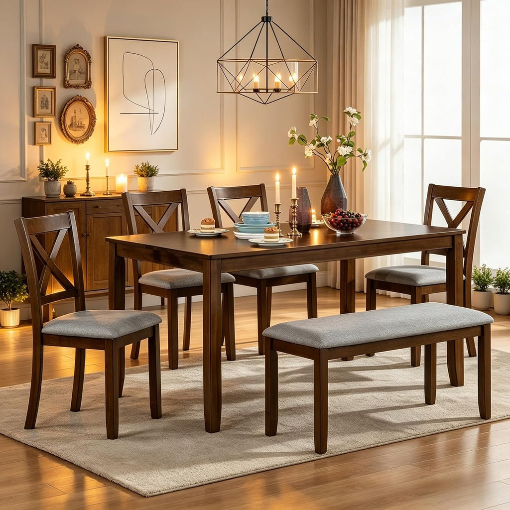 LUMISOL 6-Piece Solid Wood Dining Table Set, Wood Kitchen Table with 4 Chairs and Bench, Farmhouse Dining Table with Bench and Chairs Set for Kitchen, Living Room, Walnut Grey