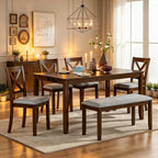 LUMISOL 6-Piece Solid Wood Dining Table Set, Wood Kitchen Table with 4 Chairs and Bench, Farmhouse Dining Table with Bench and Chairs Set for Kitchen, Living Room, Walnut Grey